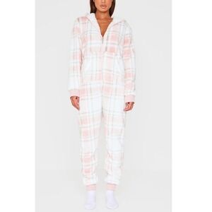 Pretty Little Thing Pink Fleece Check Well‎ Soft Hooded Jumpsuit Size L NWT